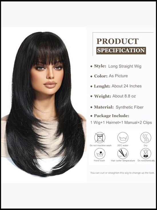 Long Straight Synthetic Hair Wig with Fringe for Women Daily Party main image 6